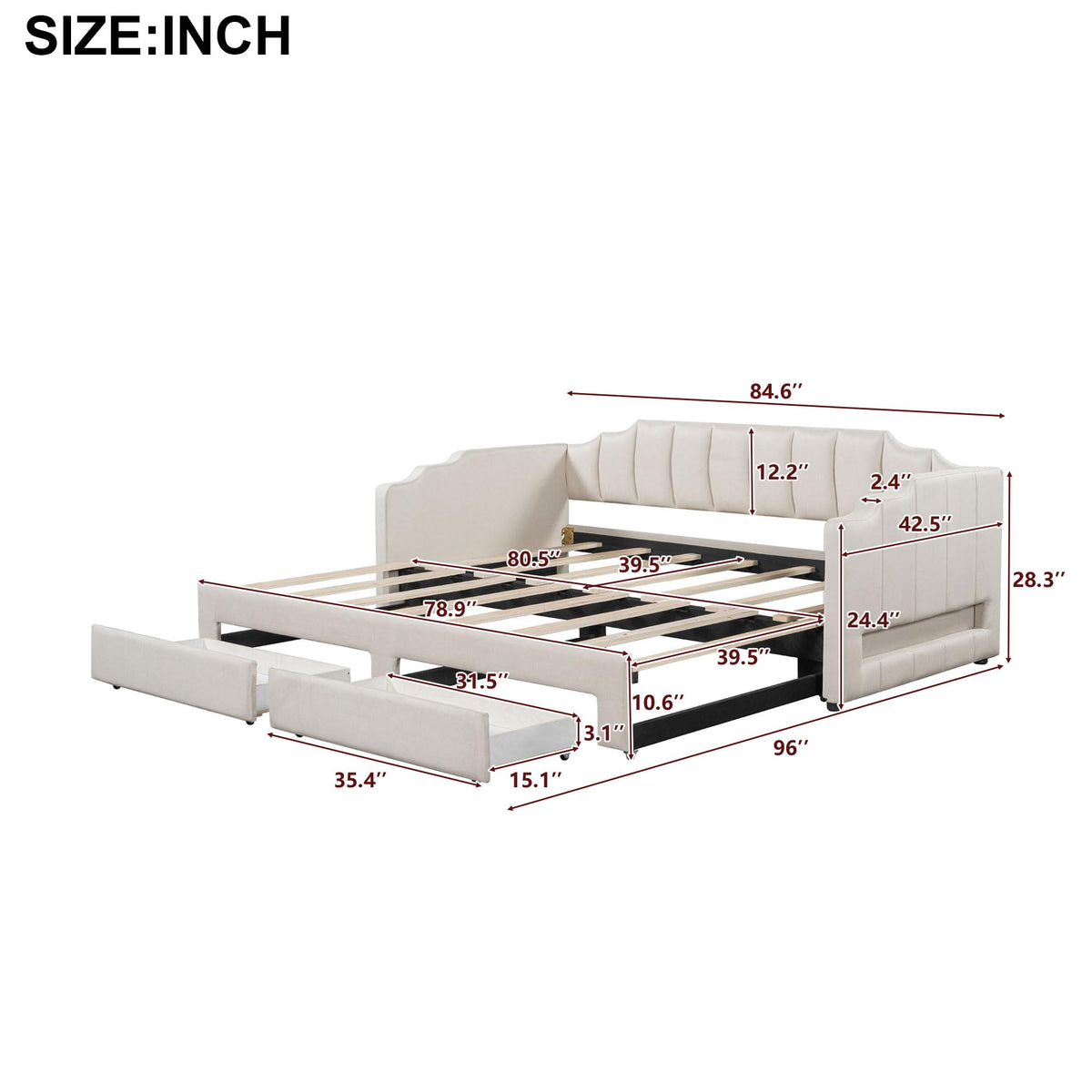 Linen Upholstered Daybed with Trundle and 2 Storage Drawers U932231