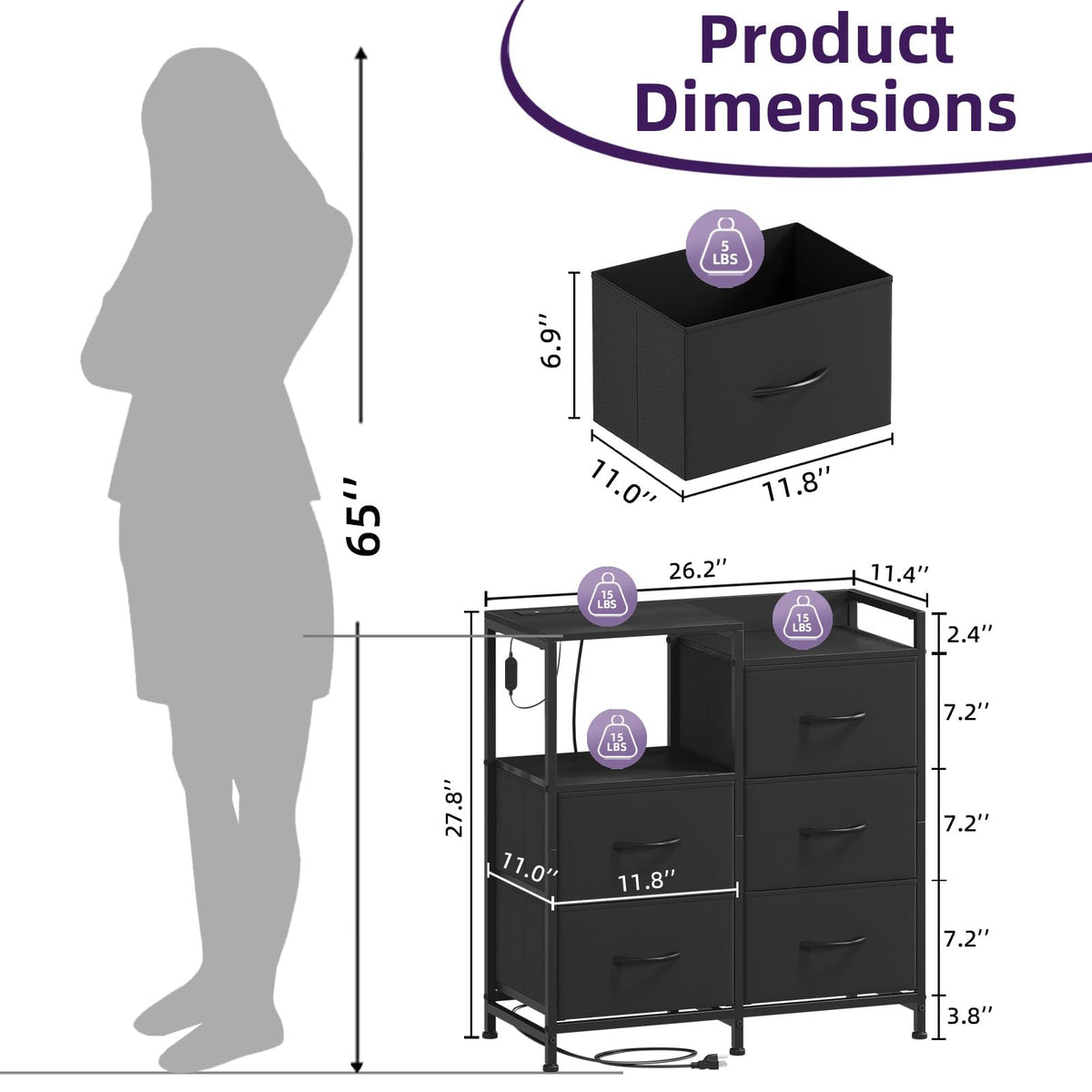 Wide 5 Drawer Nightstand with Charging Station & LED Light U591