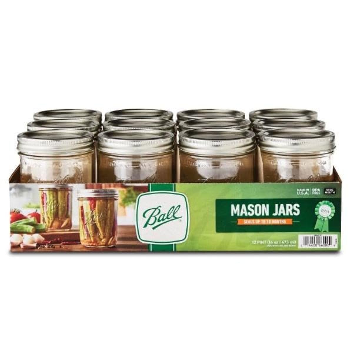 Wide Mouth Pint Jars with Lids and Bands, 16 oz, Set of 12 N6684