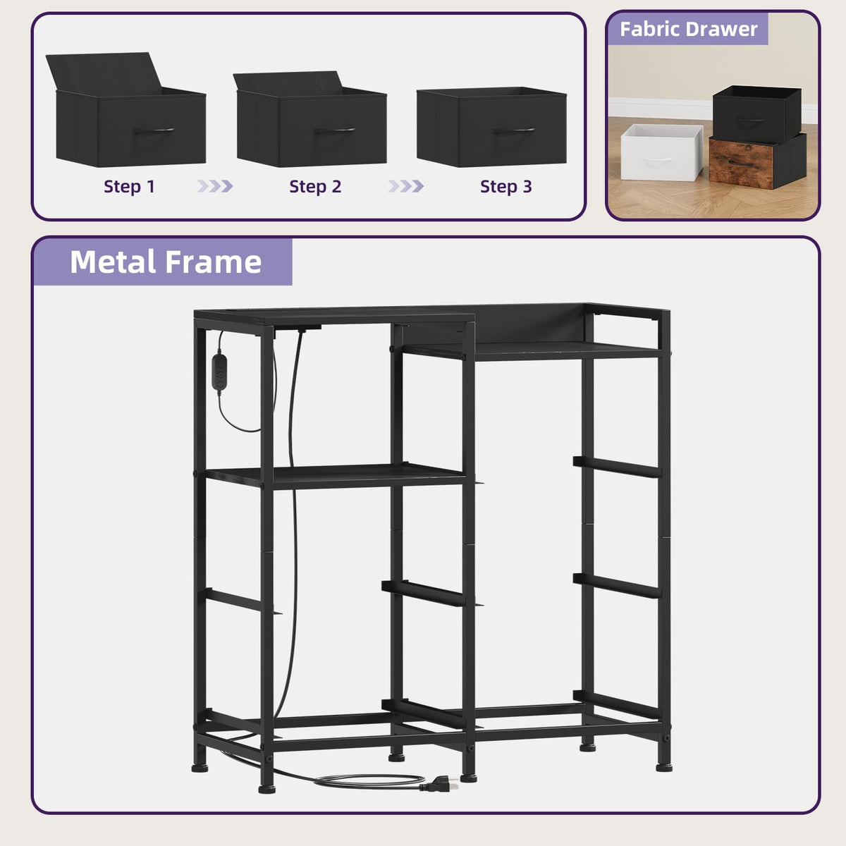 Wide 5 Drawer Nightstand with Charging Station & LED Light U591