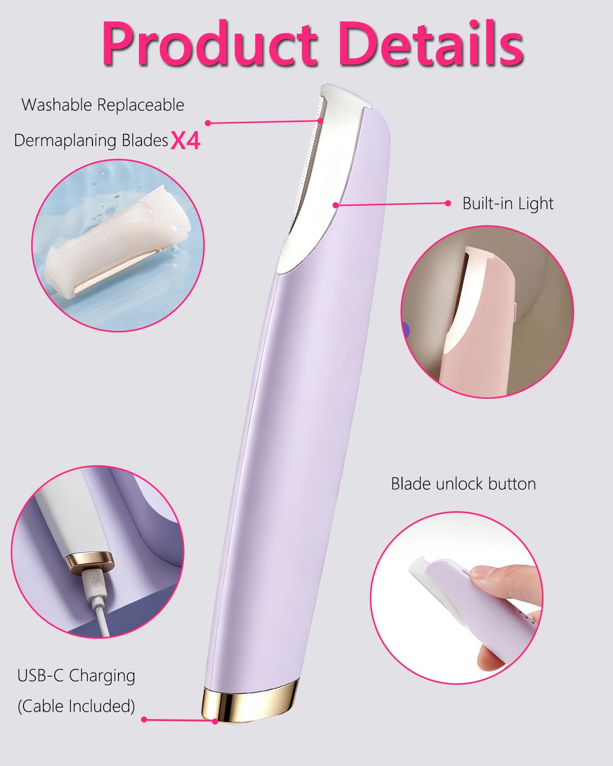 Sonic Facial Hair Remover with LED Light, 4 Replacement Blades D973719