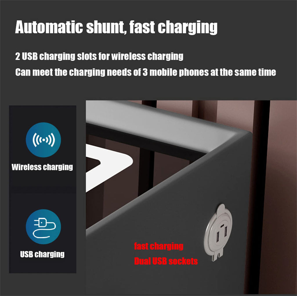 Wooden Nightstand with Wireless Charging Station, USB Port, LED Lights and Fingerprint Lock Drawers Y194587