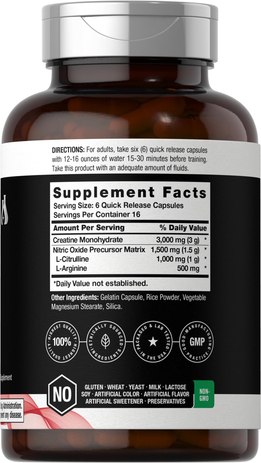 Nitric Oxide Supplement with Creatine Monohydrate 100 Capsules E746