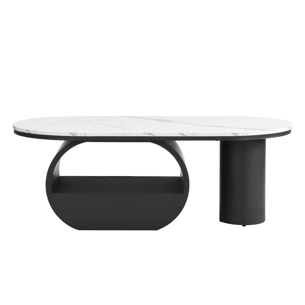 47'' Oval Coffee Table with Drawer, Marble-Grain MDF Top, Black Metal Base F39668