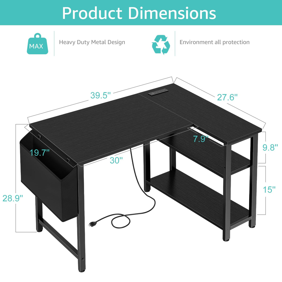 Black 40 Inch L Shaped Corner Computer Desk with Power Outlet Z79042