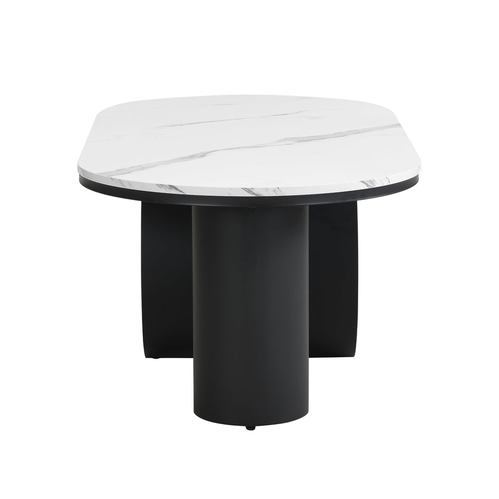 47'' Oval Coffee Table with Drawer, Marble-Grain MDF Top, Black Metal Base F39668