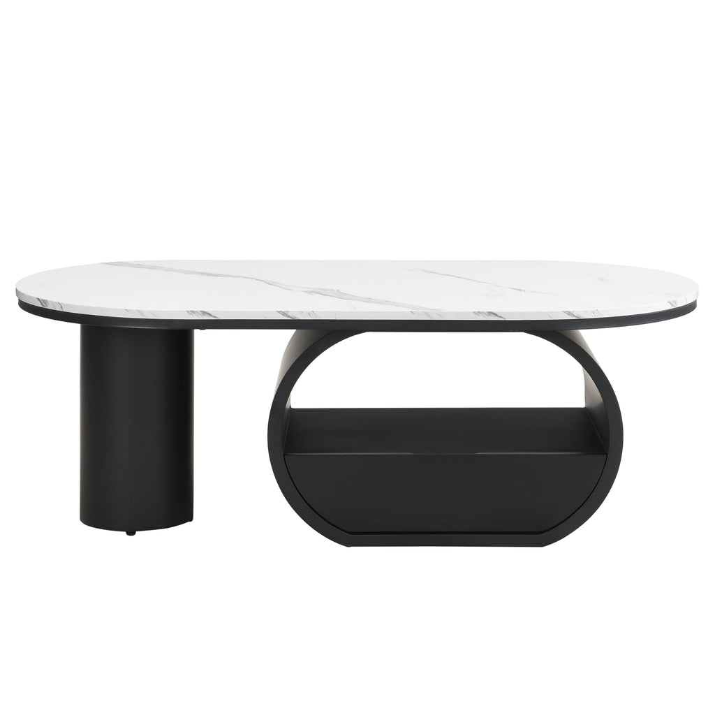 47'' Oval Coffee Table with Drawer, Marble-Grain MDF Top, Black Metal Base F39668