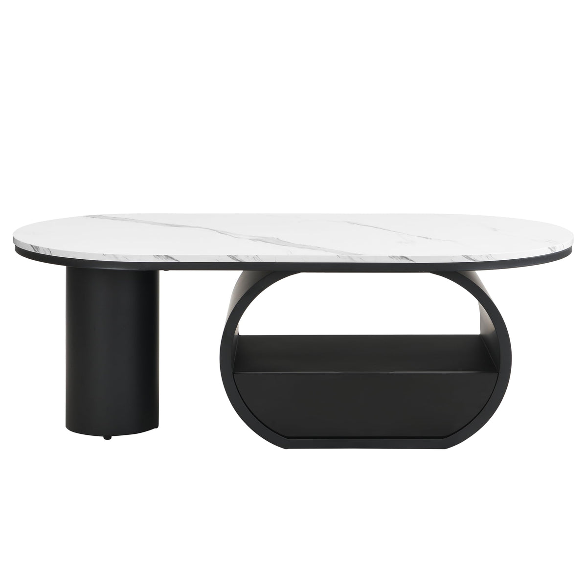 47'' Oval Coffee Table with Drawer, Marble-Grain MDF Top, Black Metal Base F39668