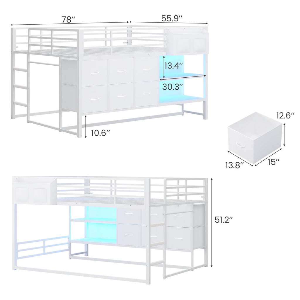 White Full Over Twin Bunk Bed with 6 Drawers and LED Lights V534336