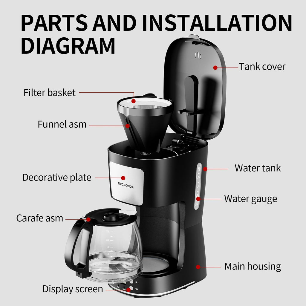 12 Cup Programmable Drip Coffee Maker with Glass Carafe and Reusable Filter T680