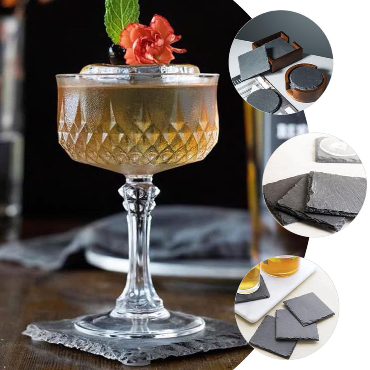 Black 12pcs Natural Stone Coaster Set F730