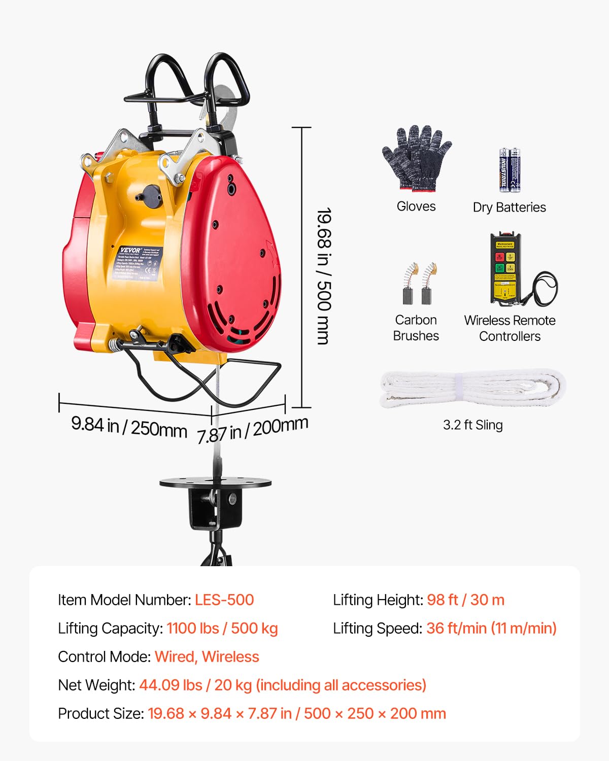1100 lbs 1800W Portable Electric Hoist Winch with Wireless Remote Control L843309