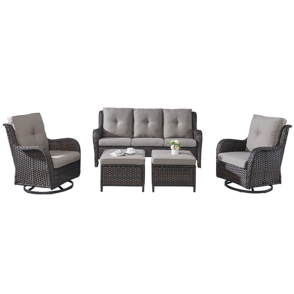5 Piece Rattan Wicker Patio Furniture Set with Swivel Rocker Chairs Ottomans and Sofa F92390