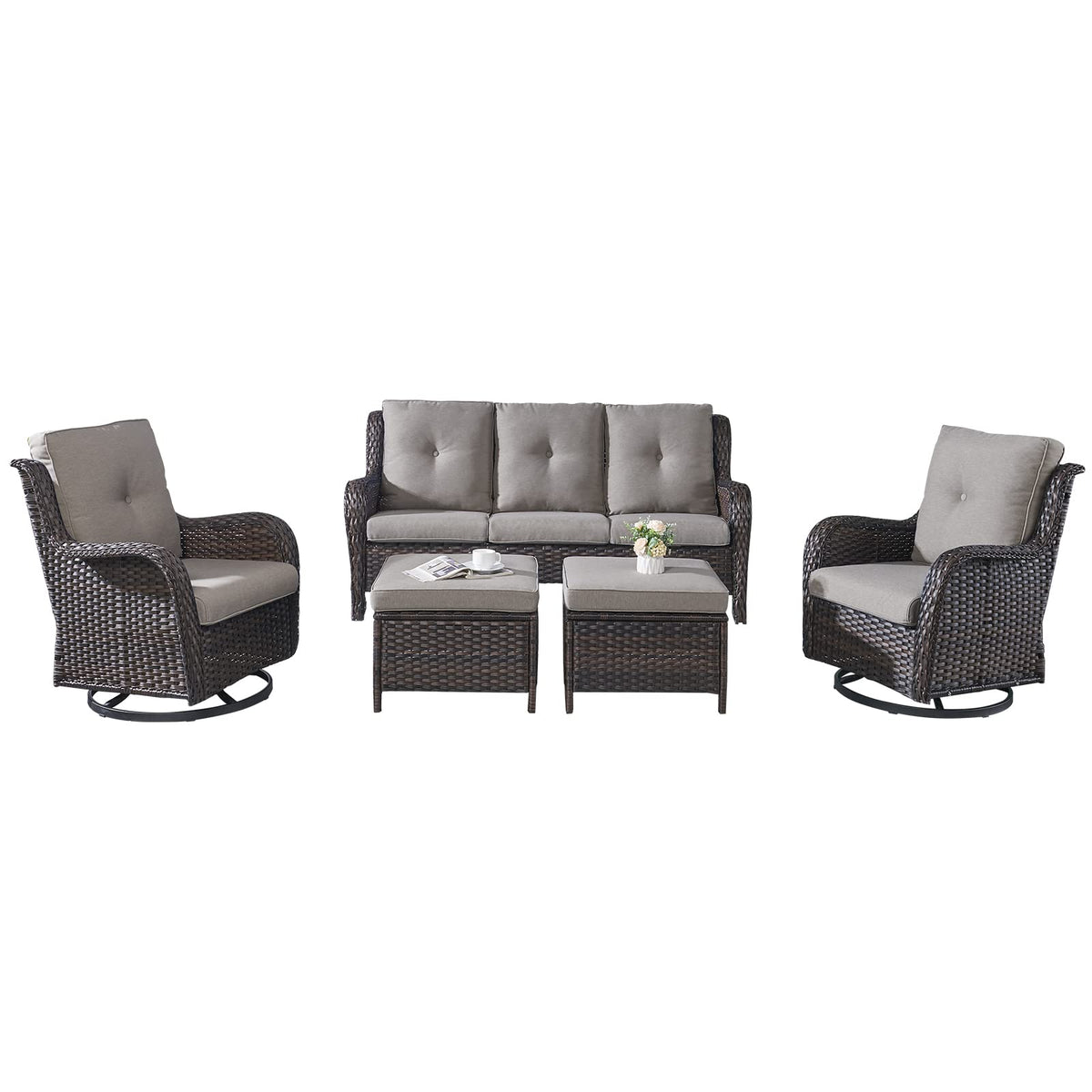 5 Piece Rattan Wicker Patio Furniture Set with Swivel Rocker Chairs Ottomans and Sofa F92390
