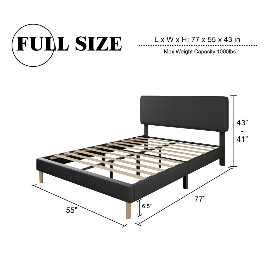 Black Full Size Upholstered Platform Bed Frame with Adjustable Headboard W1381