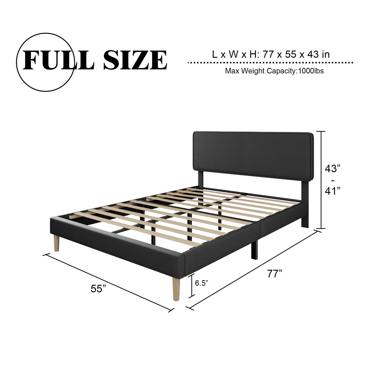 Black Full Size Upholstered Platform Bed Frame with Adjustable Headboard W1381