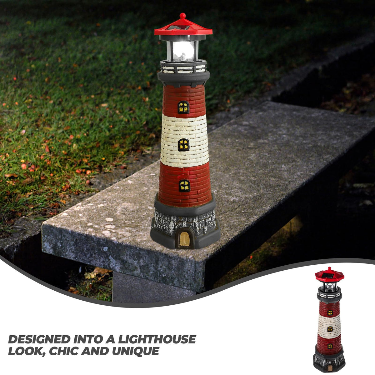 Solar Lighthouse Statue with LED Light 14.76 Inch Red L394