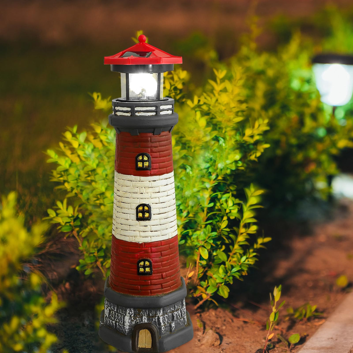 Solar Lighthouse Statue with LED Light 14.76 Inch Red L394