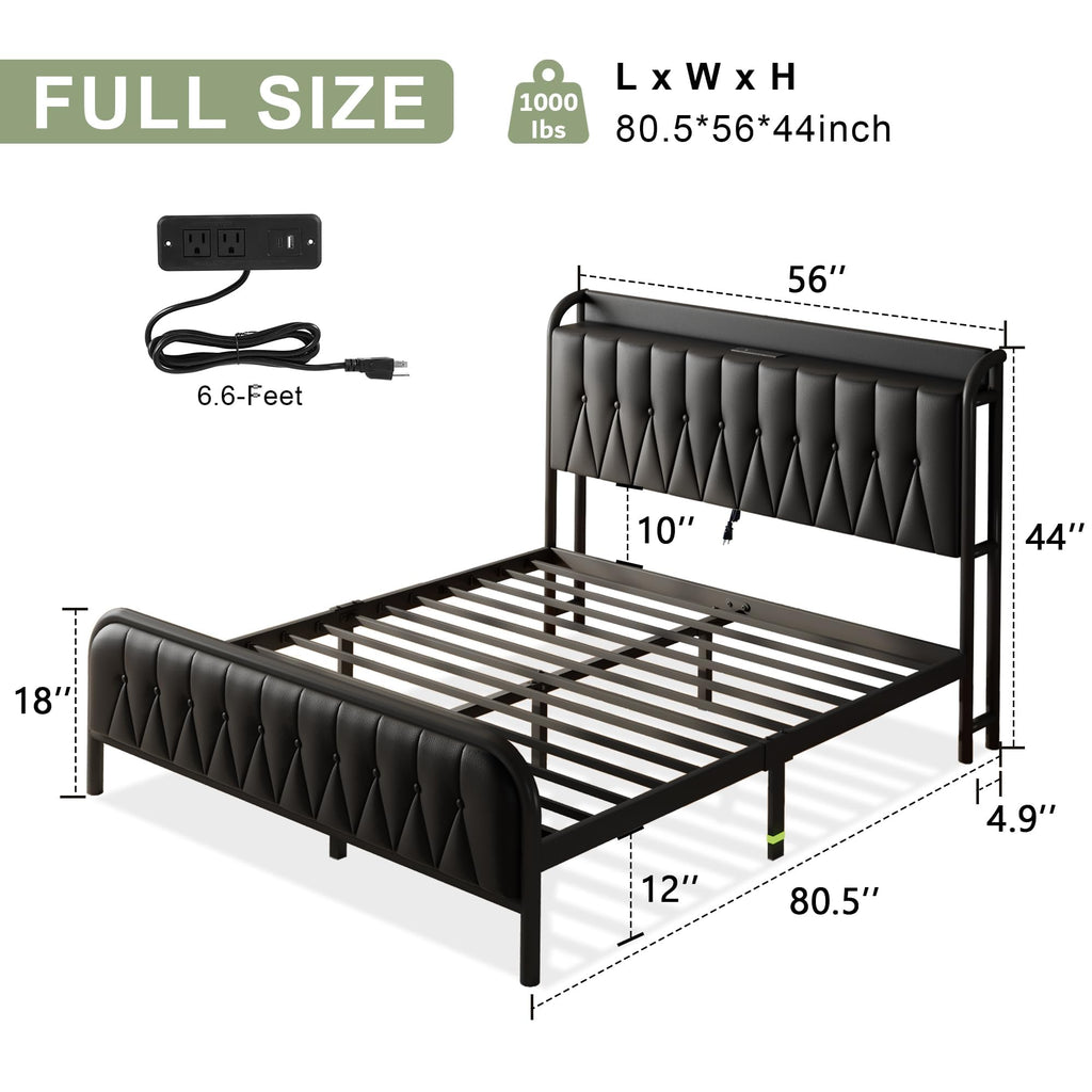 Black Leather Full Size Bed Frame with Charging Station Q49185