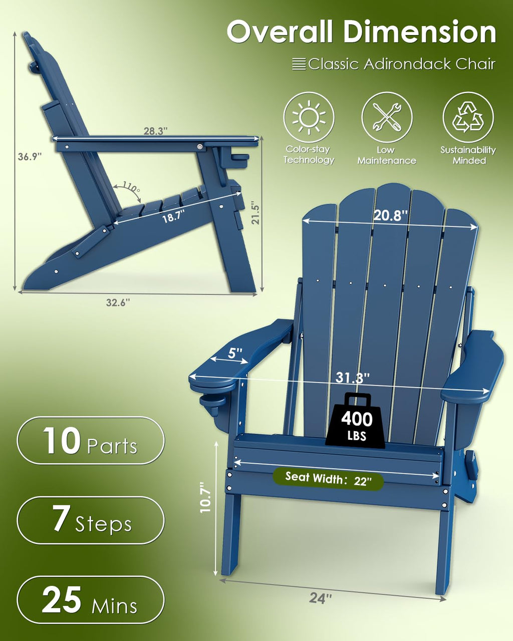 Oversized Folding Adirondack Chairs Set of 2 Blue Q42702