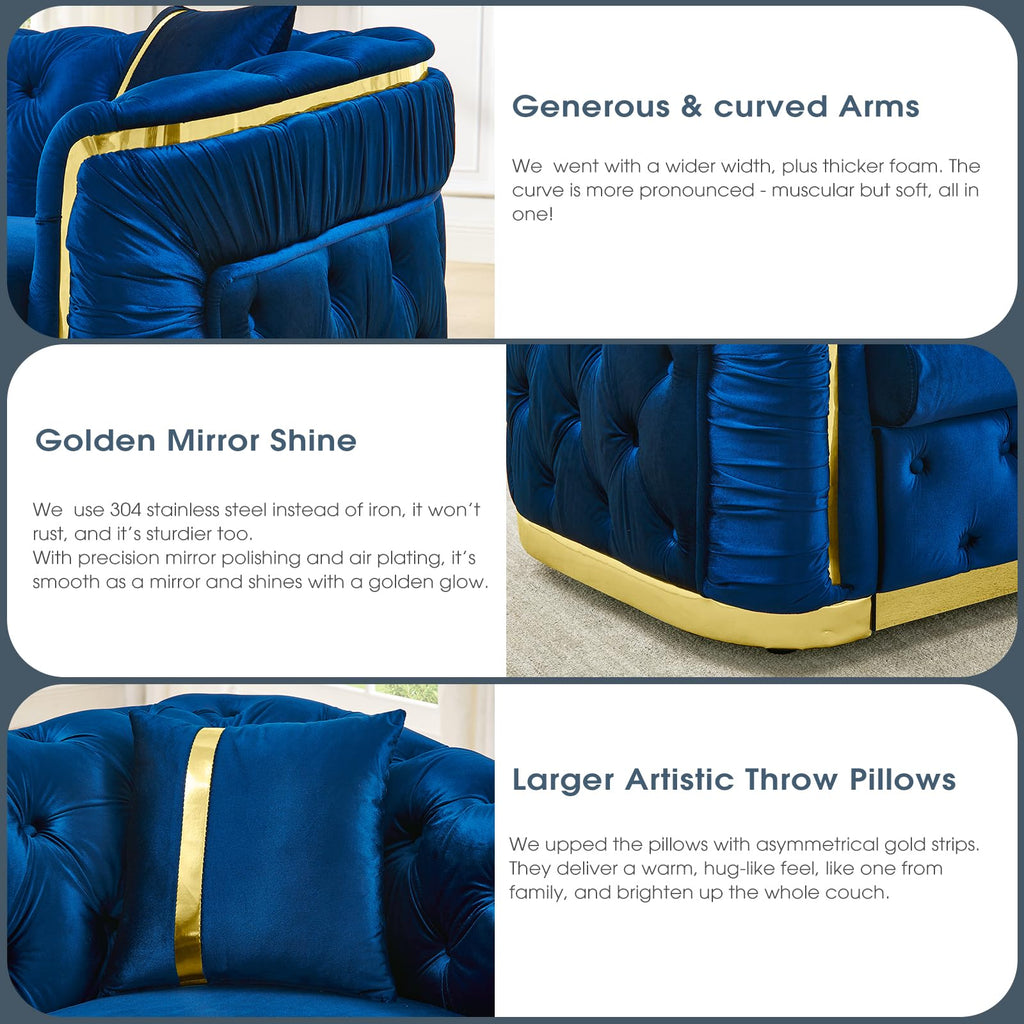 Navy Blue and Gold Velvet Sofa and Loveseat Set with 4 Pillows G315150