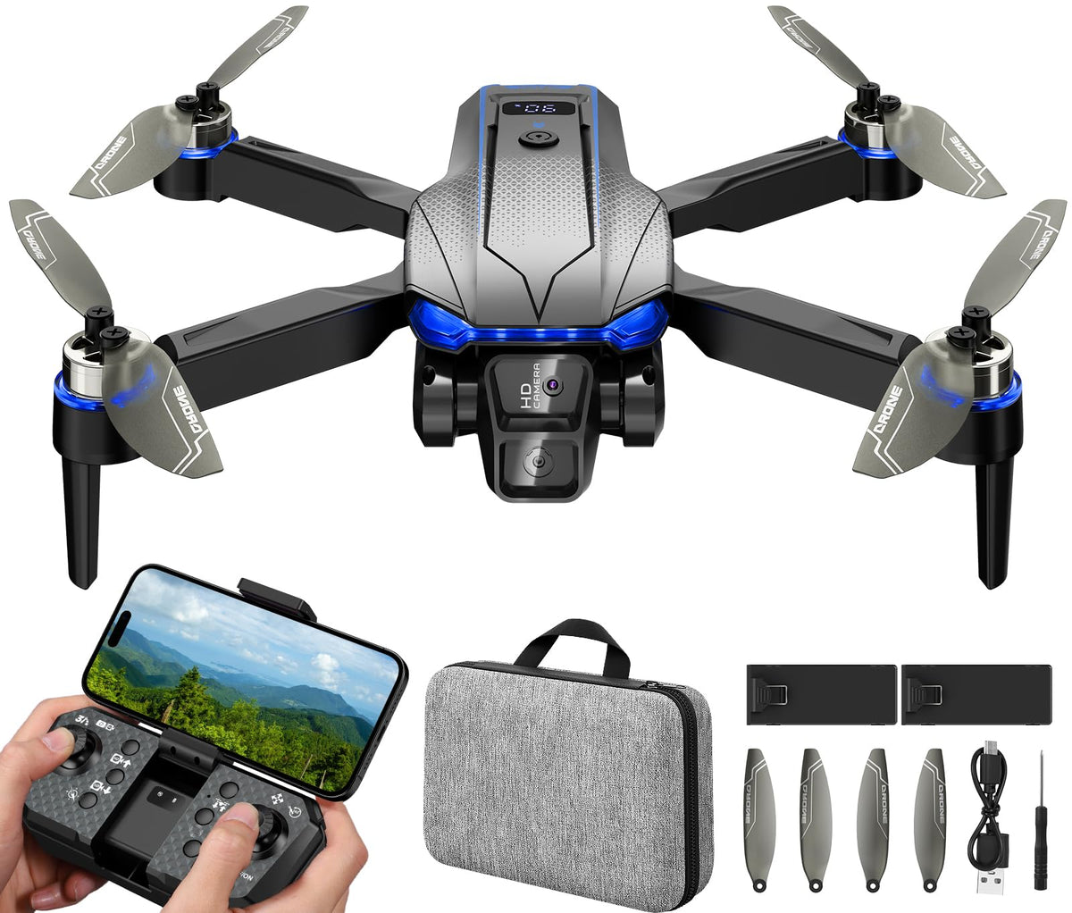 Foldable Mini FPV Drone with 1080P Camera, Carrying Case, 2 Batteries Z48638