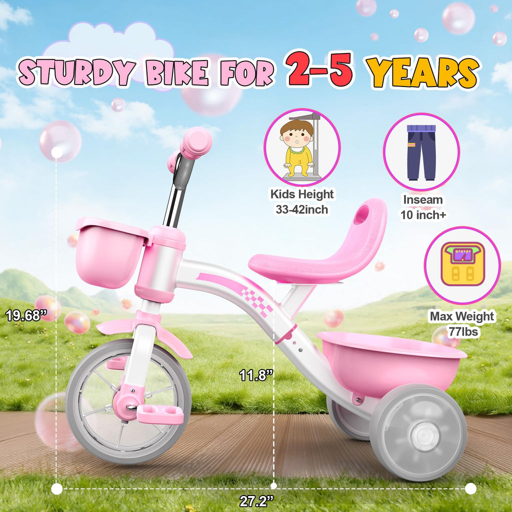 Pink Toddler Tricycle with Adjustable Seat and Light Wheels D39051