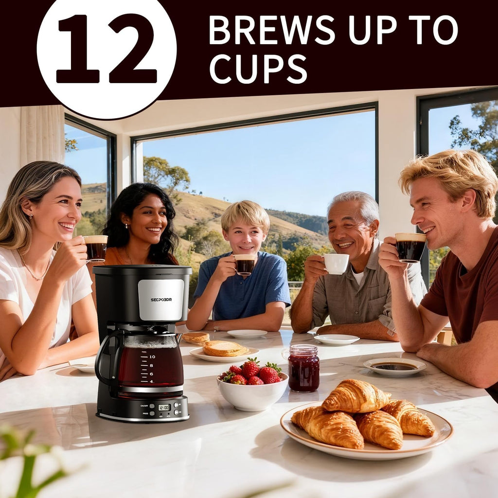12 Cup Programmable Drip Coffee Maker with Glass Carafe and Reusable Filter T680