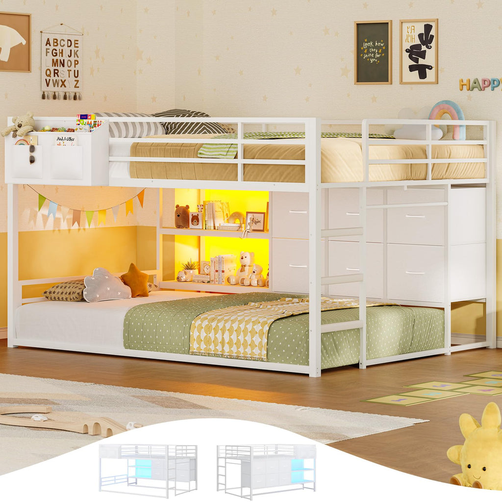 White Full Over Twin Bunk Bed with 6 Drawers and LED Lights V534336