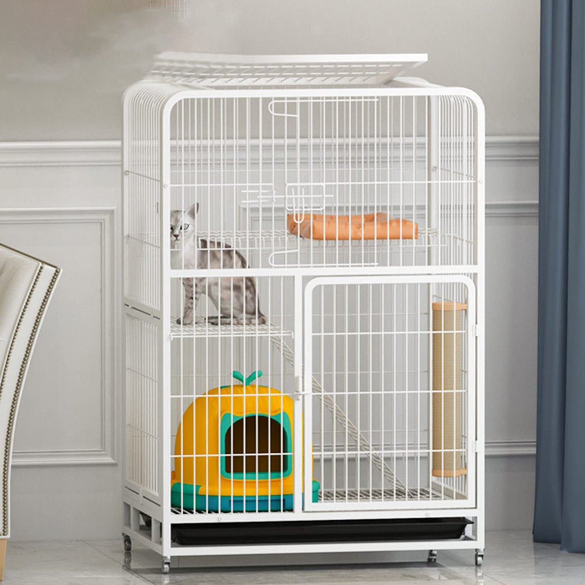 Large 3-Tier Metal Wire Cat Cage with Hammock and Casters H398057
