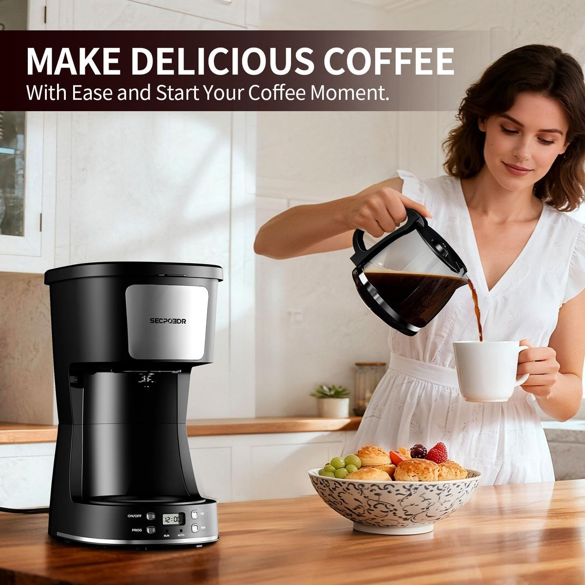 12 Cup Programmable Drip Coffee Maker with Glass Carafe and Reusable Filter T680