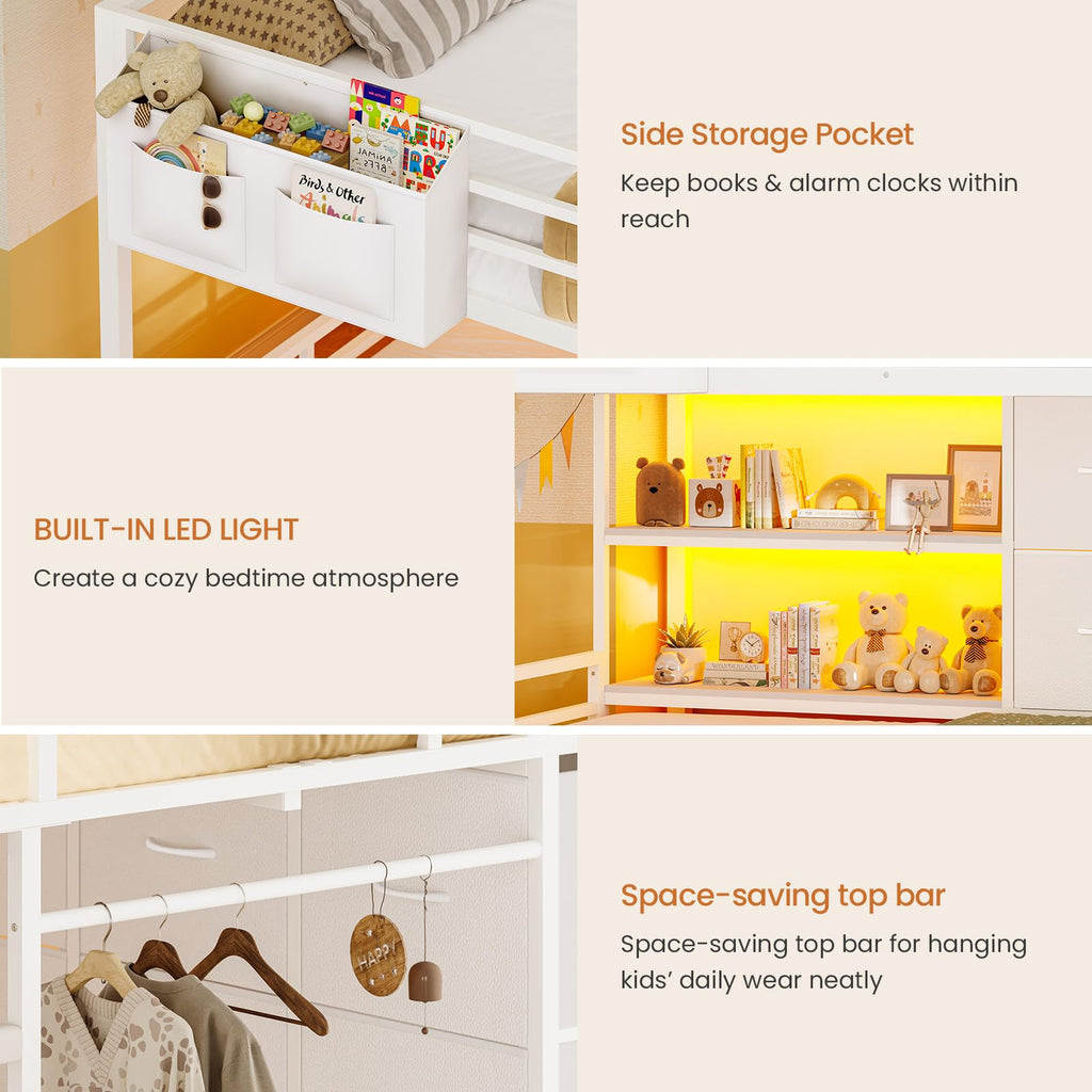 White Full Over Twin Bunk Bed with 6 Drawers and LED Lights V534336