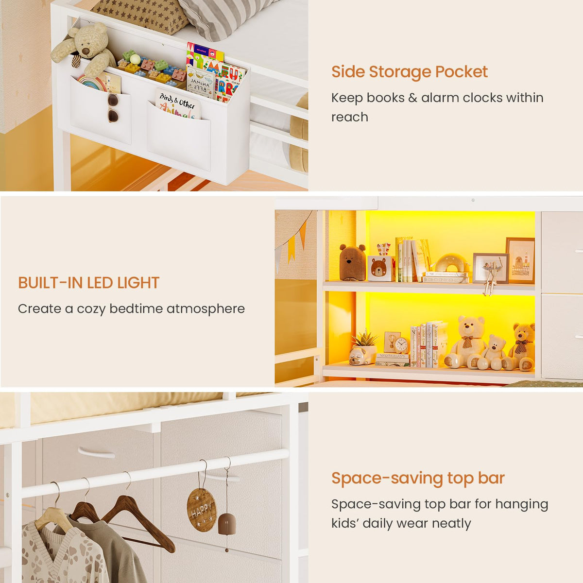 White Full Over Twin Bunk Bed with 6 Drawers and LED Lights V534336