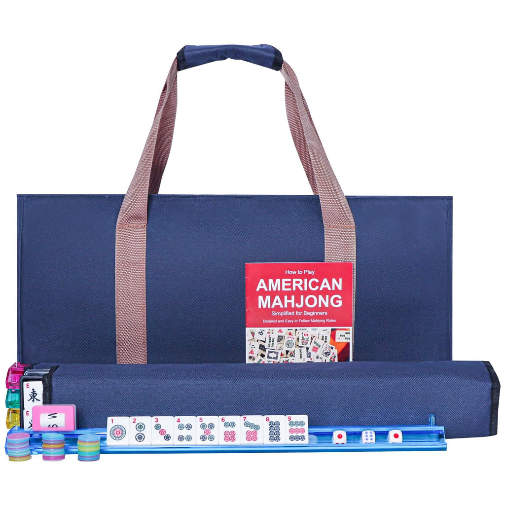 American Mahjong Game Set, 166 White Tiles, 4 Color Rack/Pushers, Blue Carrying Bag Z7704