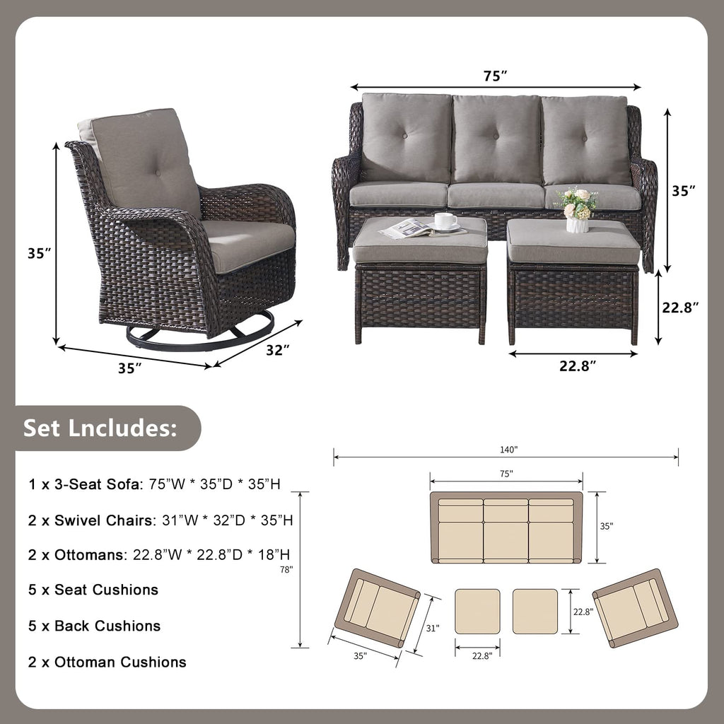 5 Piece Rattan Wicker Patio Furniture Set with Swivel Rocker Chairs Ottomans and Sofa F92390