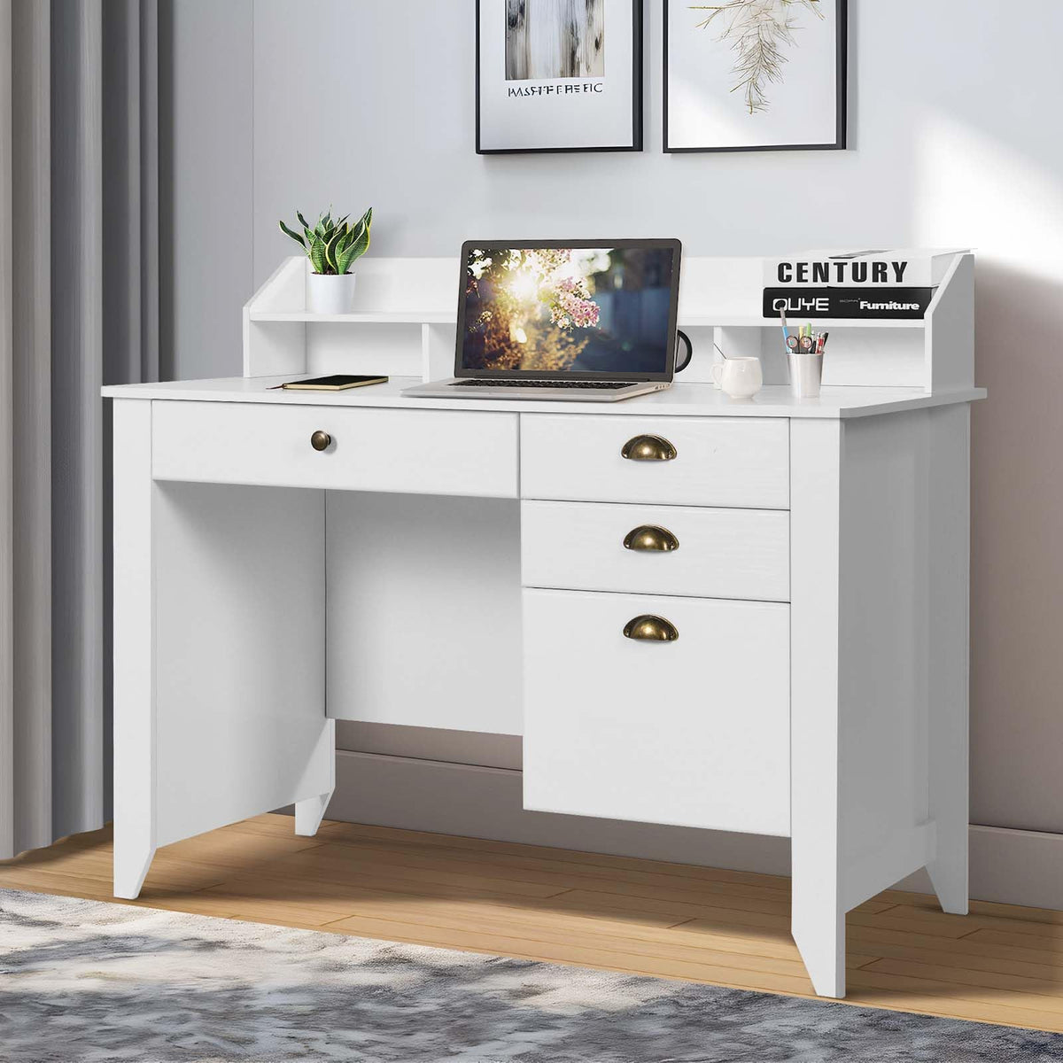 White Computer Desk with Drawers and Hutch O5311