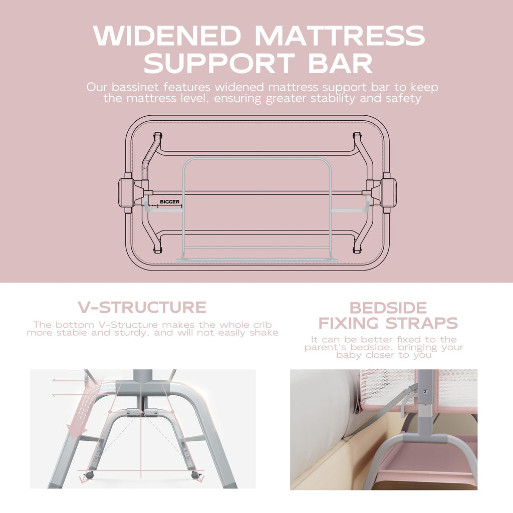 Baby Bassinet Bedside Crib with Mattress & Sheet, 4-Sided Mesh, Pink T58859
