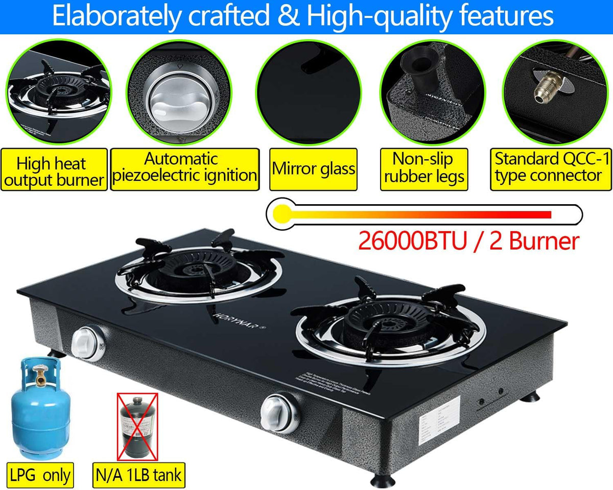 2 Burner Propane Gas Stove Auto Ignition 26000 BTU Tempered Glass G929