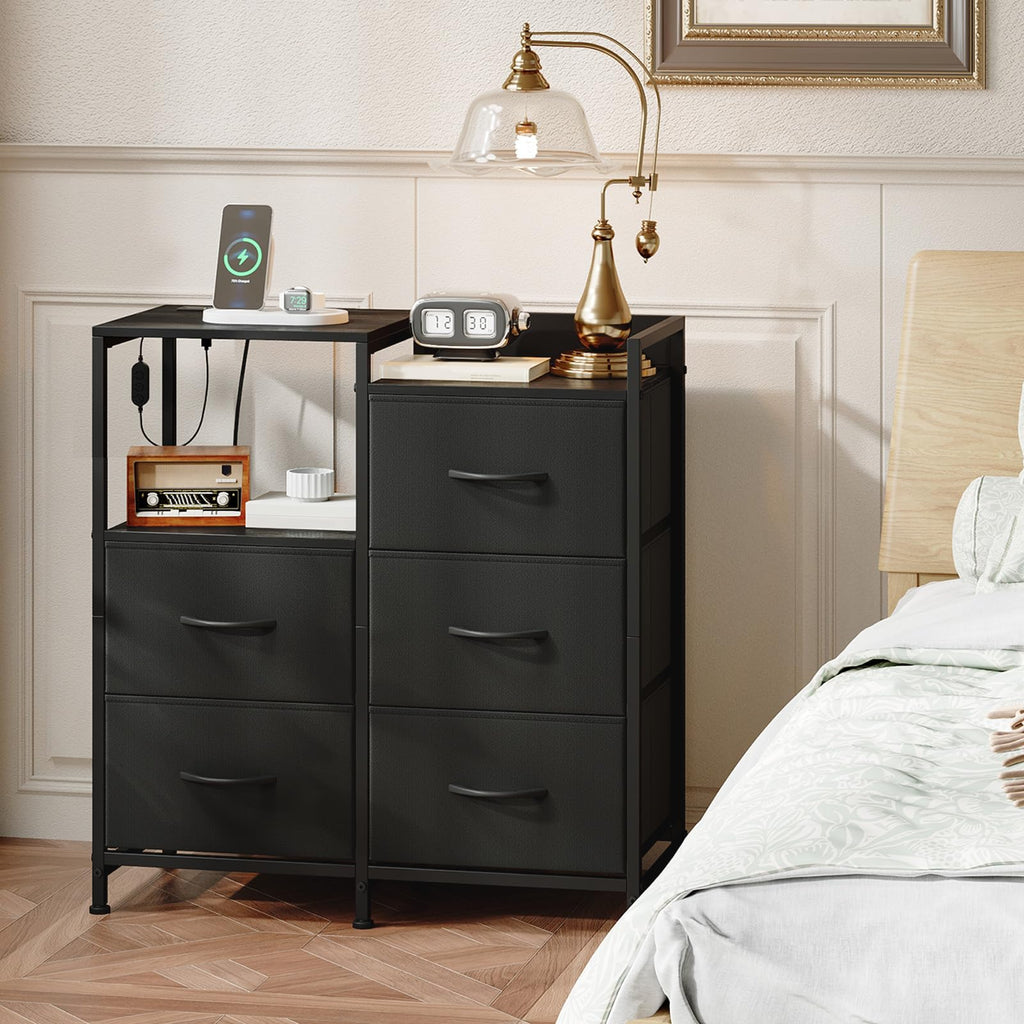 Wide 5 Drawer Nightstand with Charging Station & LED Light U591