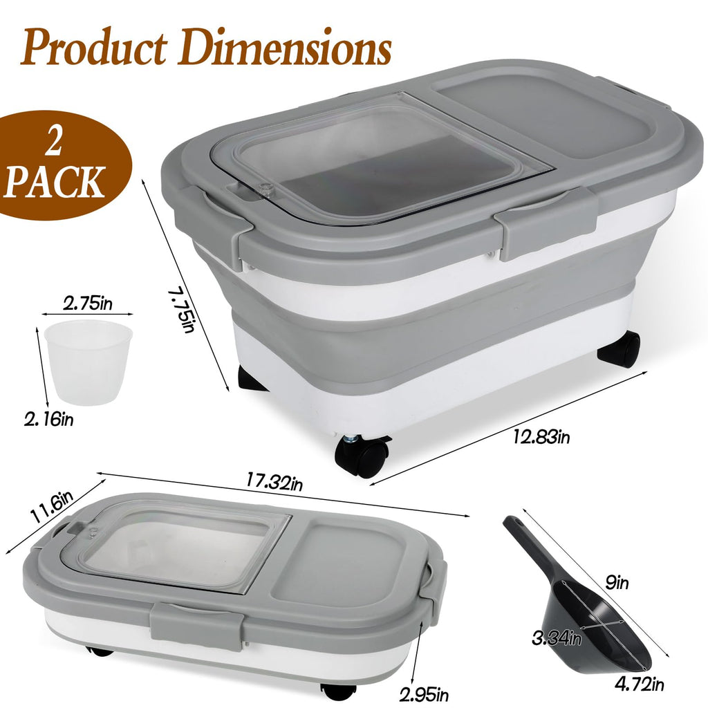 2 Pack 15Lbs Collapsible Airtight Pet Food Storage Container with Scoops S2515
