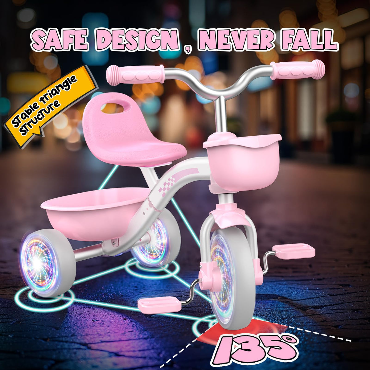 Pink Toddler Tricycle with Adjustable Seat and Light Wheels D39051