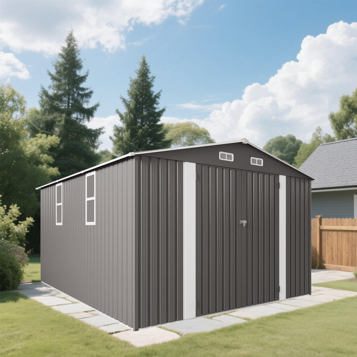 10x12 FT Grey Metal Storage Shed with Double Doors E841