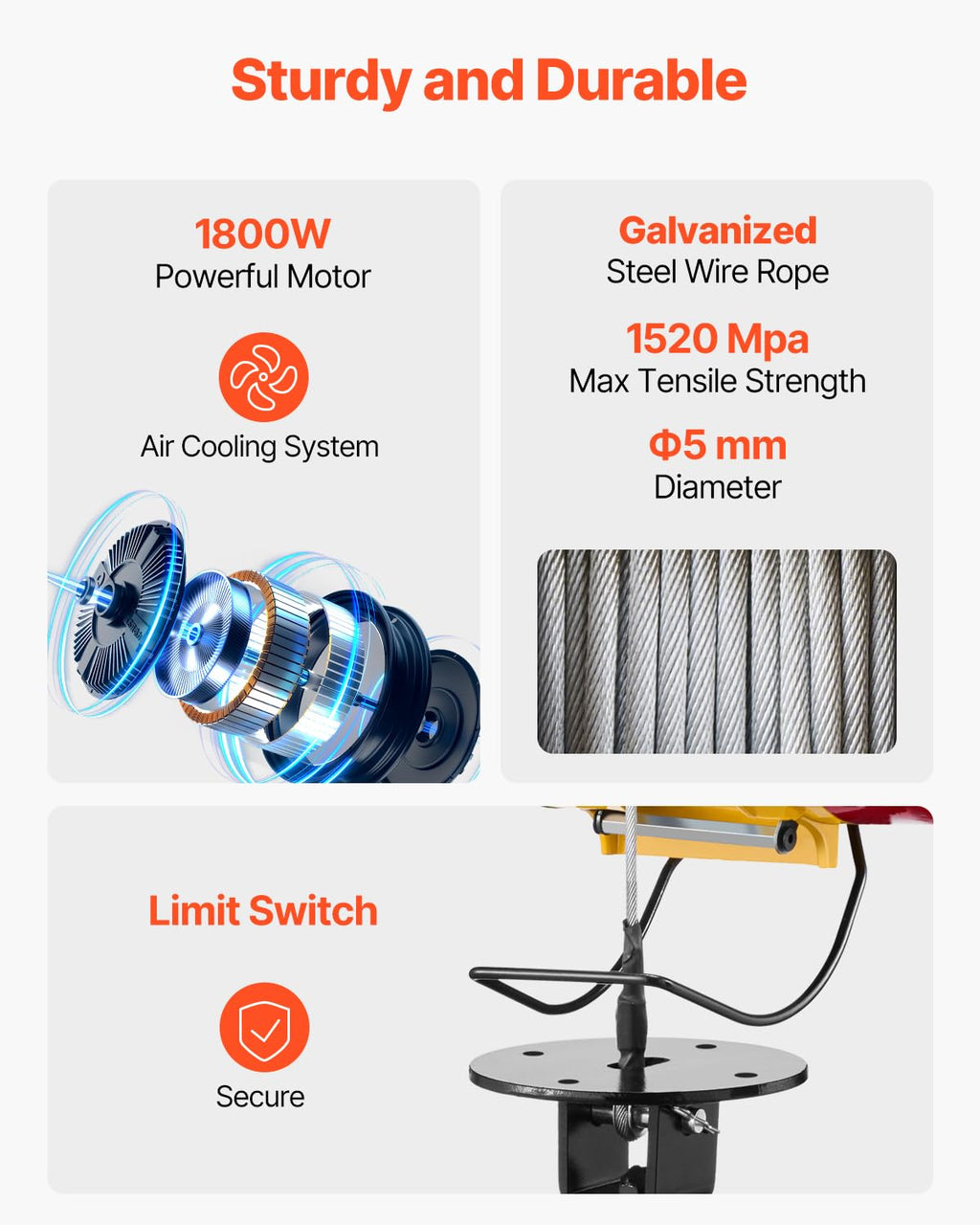 1100 lbs 1800W Portable Electric Hoist Winch with Wireless Remote Control L843309