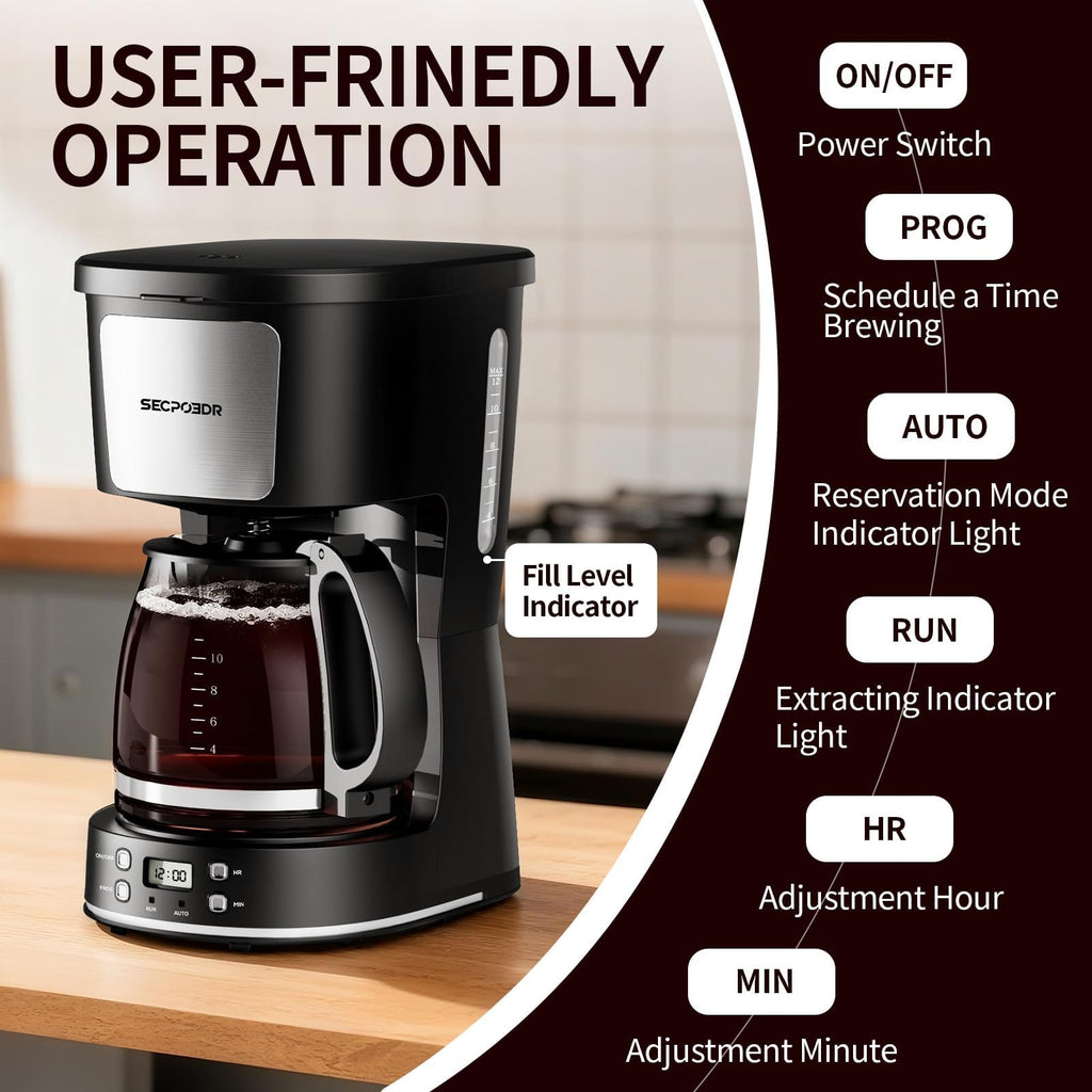 12 Cup Programmable Drip Coffee Maker with Glass Carafe and Reusable Filter T680
