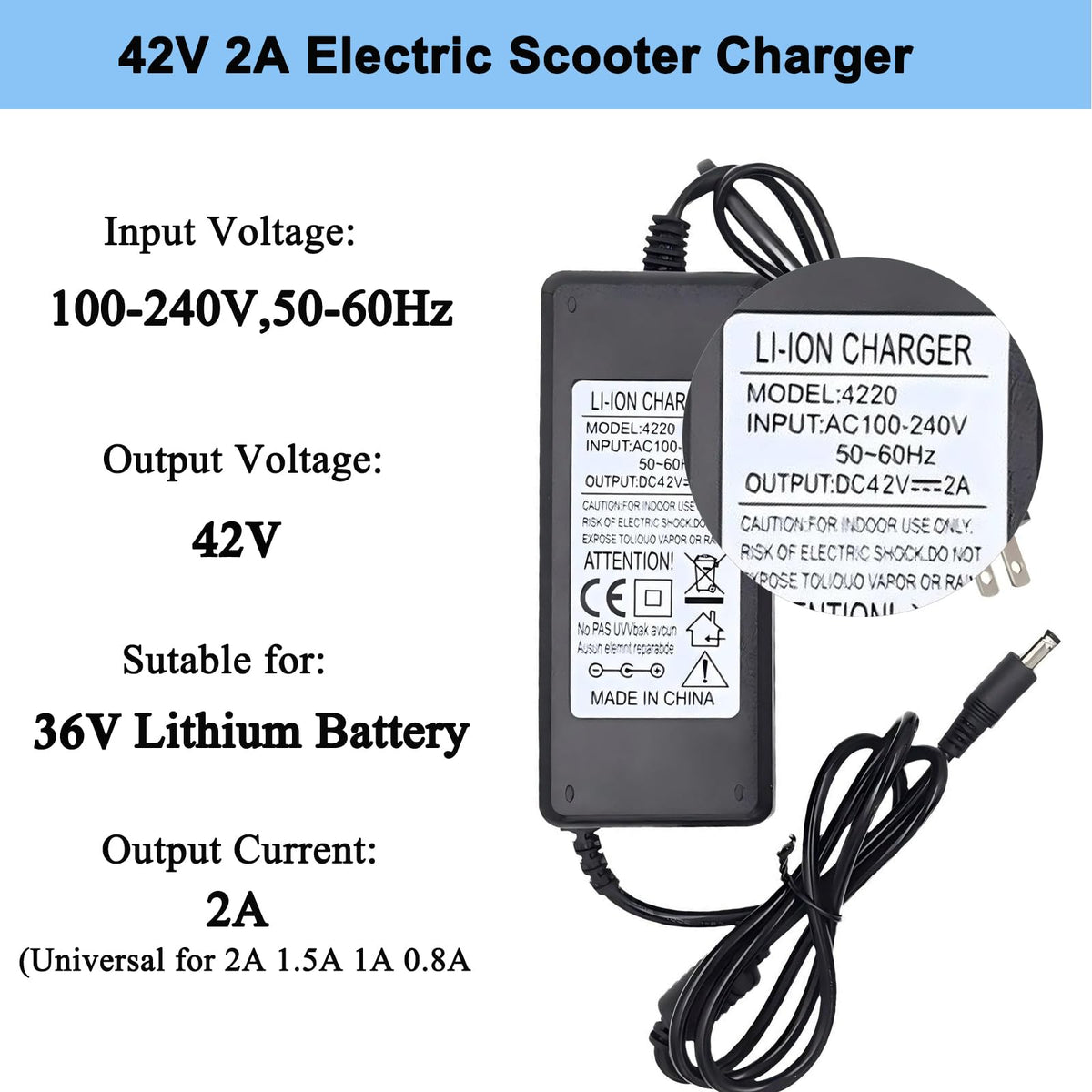 42V 2A Electric Scooter Charger with 4 Plugs C9216
