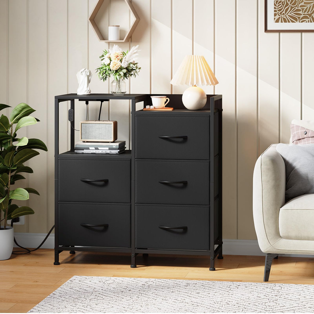 Wide 5 Drawer Nightstand with Charging Station & LED Light U591