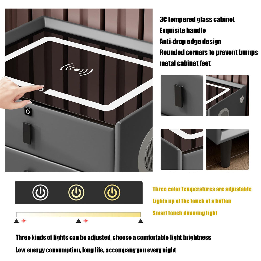 Wooden Nightstand with Wireless Charging Station, USB Port, LED Lights and Fingerprint Lock Drawers Y194587