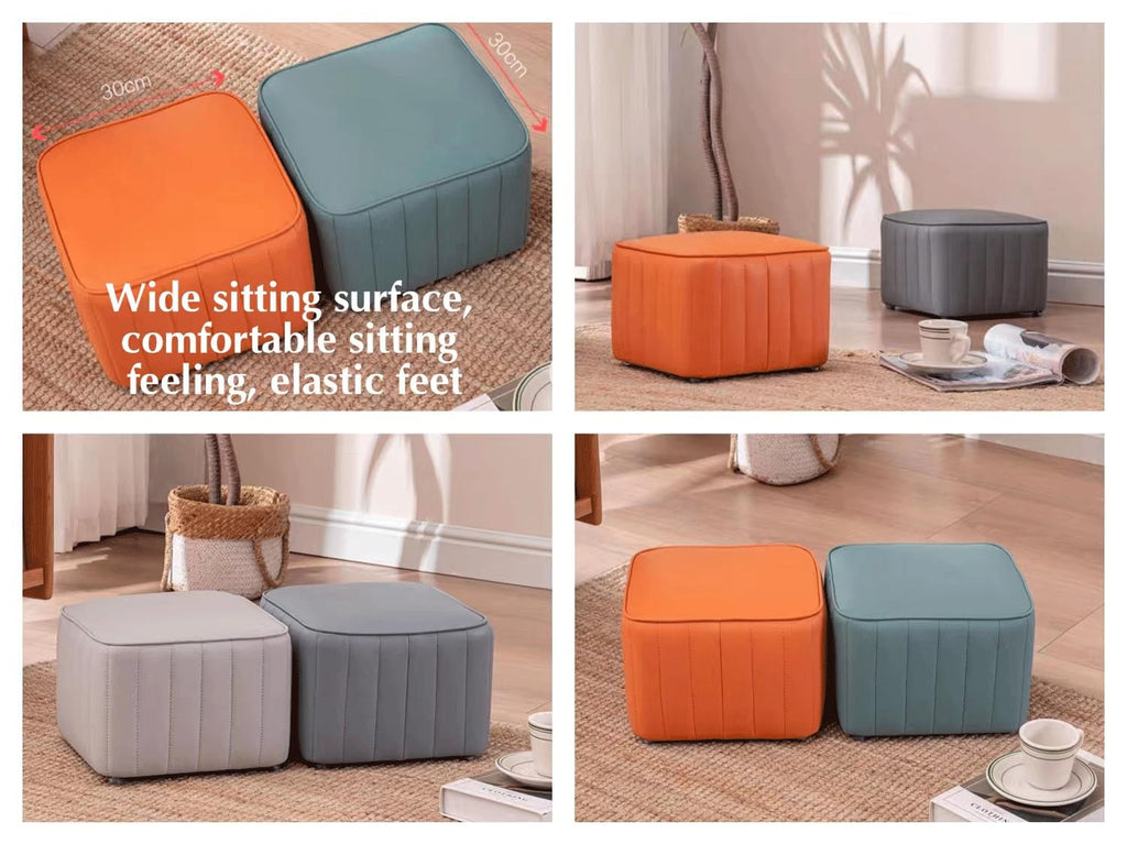 Dark Blue Leather Square Ottoman G9252
