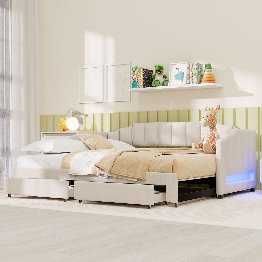 Linen Upholstered Daybed with Trundle and 2 Storage Drawers U932231