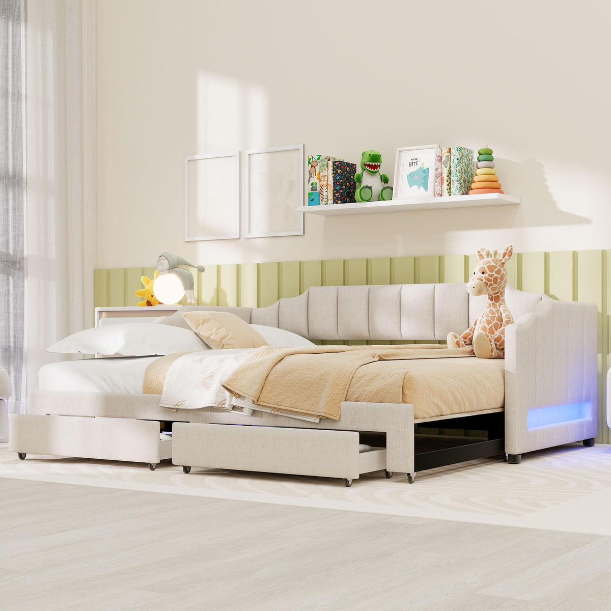 Linen Upholstered Daybed with Trundle and 2 Storage Drawers U932231